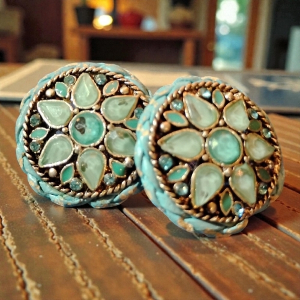 VINTAGE Turquoise & Gold Mosaic Statement Studs | Bold Boho Southwest Glam